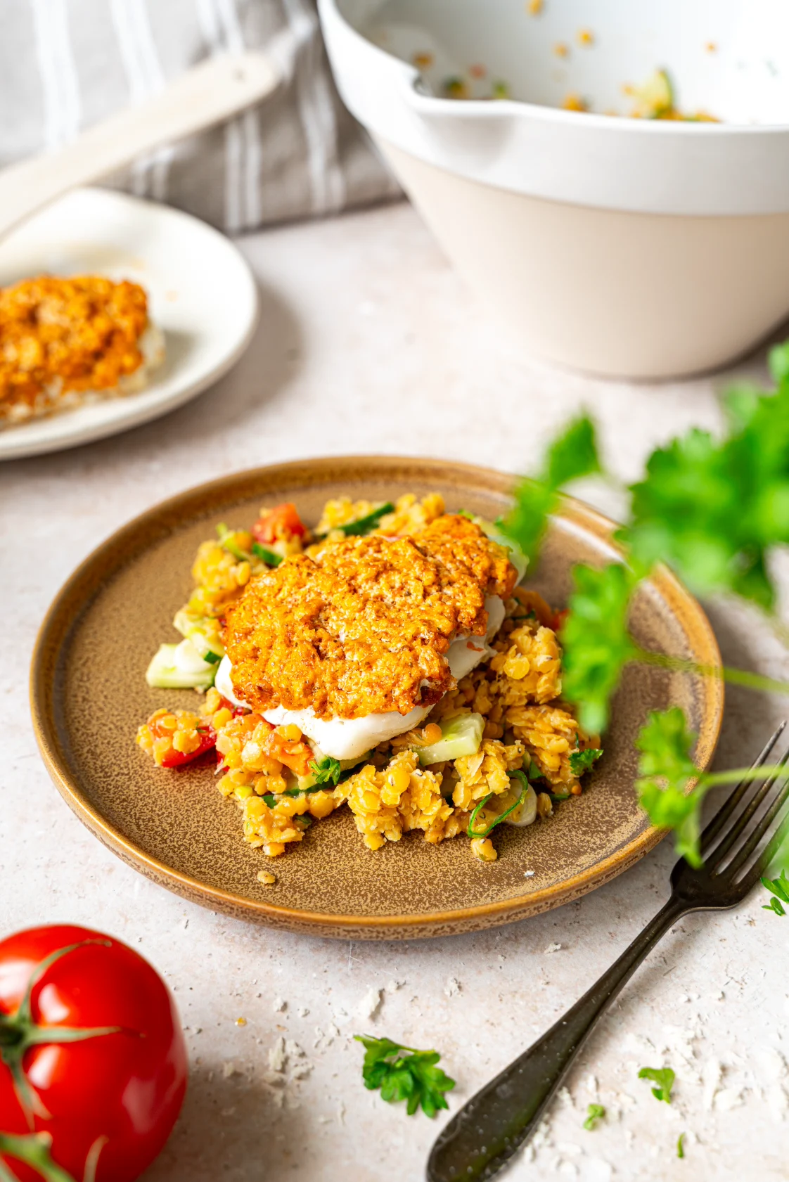 Kabeljau mit Pestokruste und Linsensalat